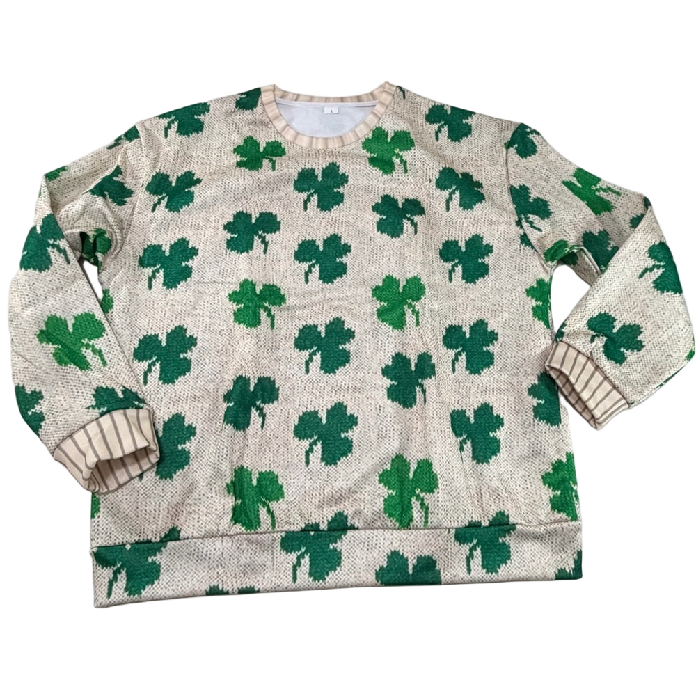 Women’s Cream and Green Shamrock Pullover Crewneck Long Sleeve Top Size L #26040